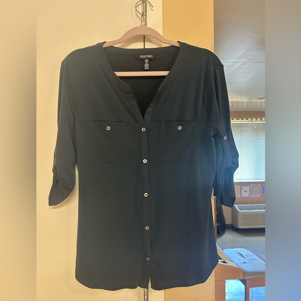 Ellen Tracy Blue Button-Up Blouse